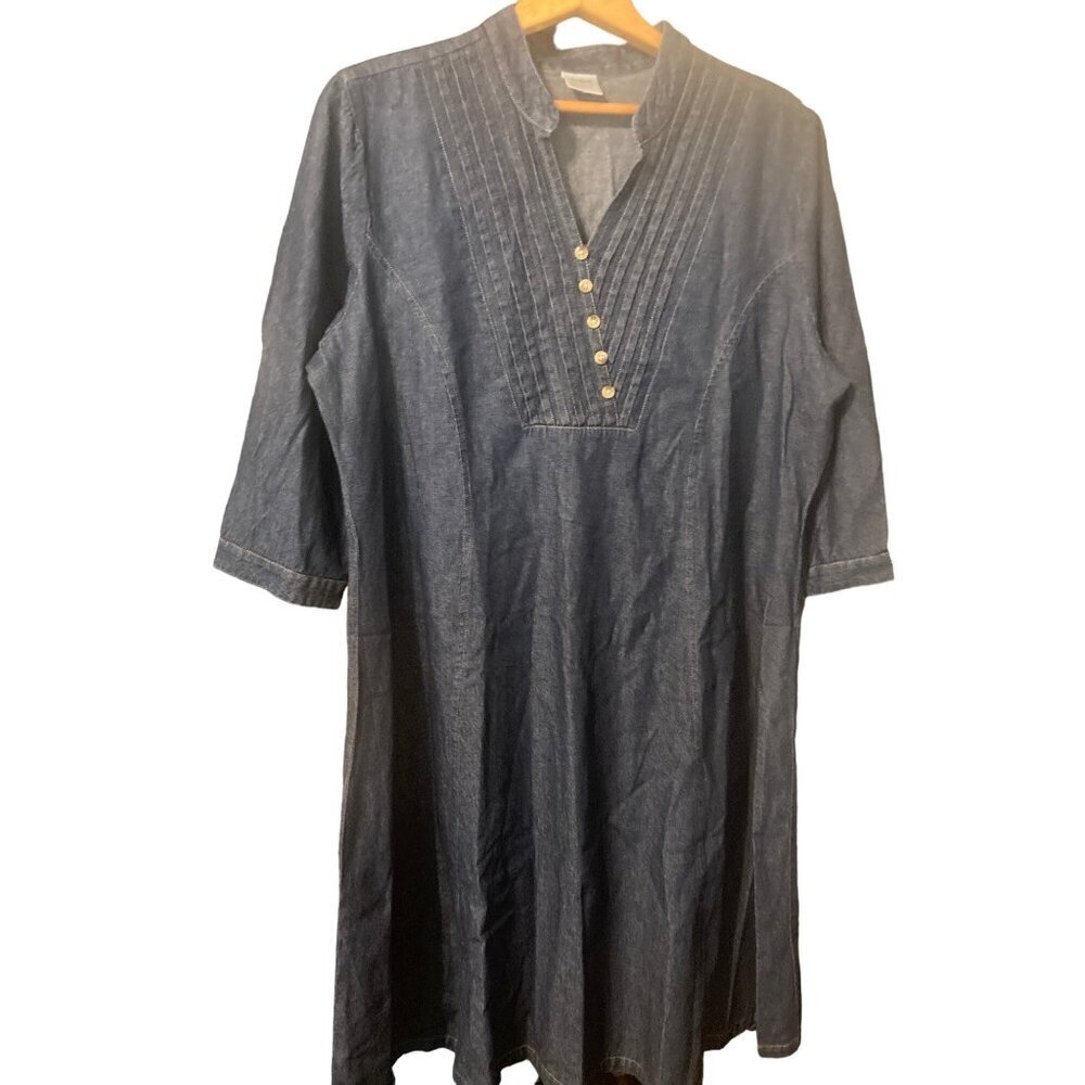 Dark Denim Cotton Midi Dress Sz Large Pintuck Button Detail Cotton Modest Nwot